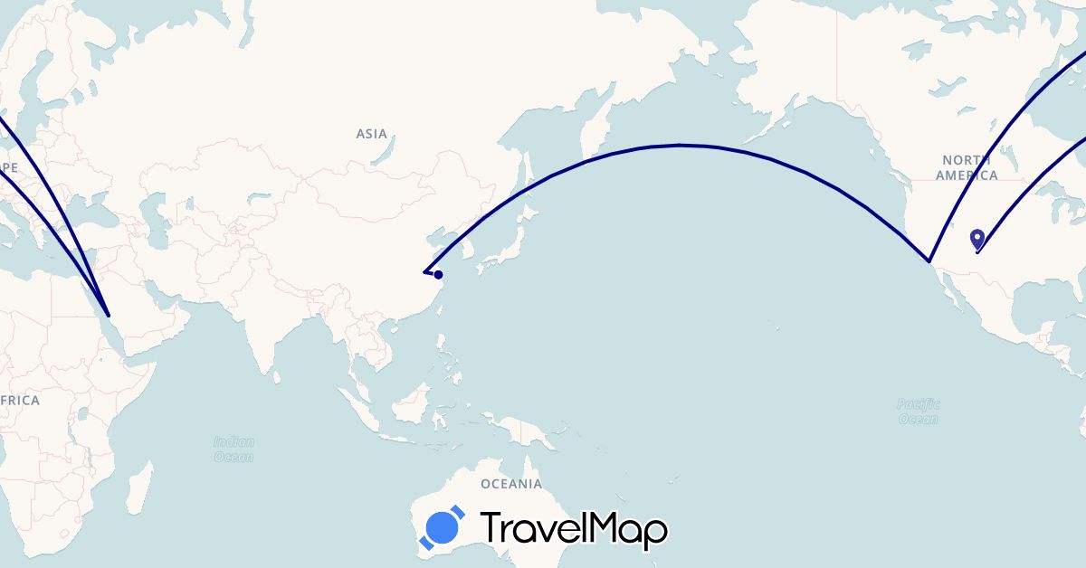 TravelMap itinerary: driving in China, Saudi Arabia, United States (Asia, North America)